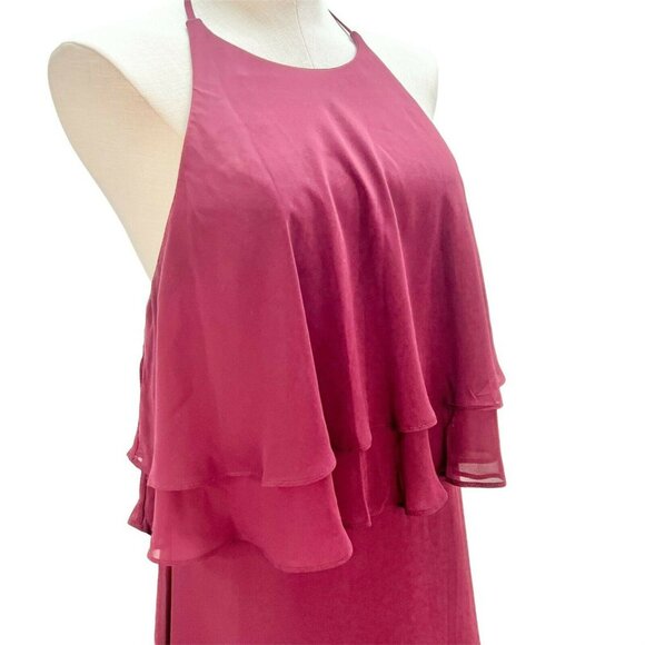 Reverie Burgundy Halter Maxi Dress Size 12 Double Tier Ruffle Overlay Open Back - Picture 5 of 10